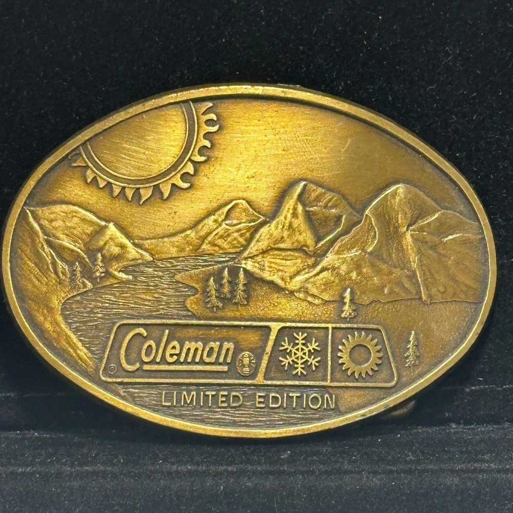 Vintage Coleman Limited Edition Belt Buckle Mountain Lake Camping Outdoor Brass